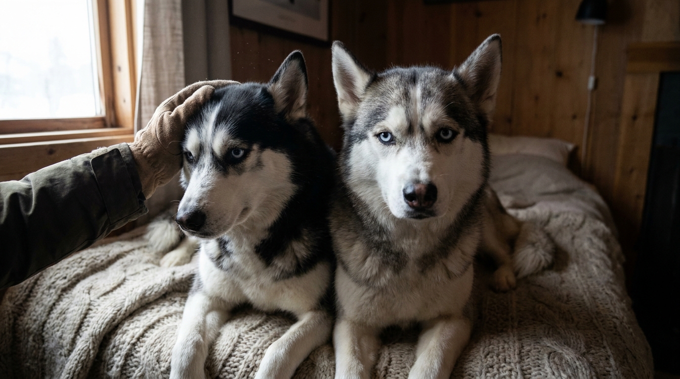 Deux magnifiques Huskies se blottissent l'un contre l'autre dans un enclos de refuge, leurs yeux bleus exprimant le soulagement.