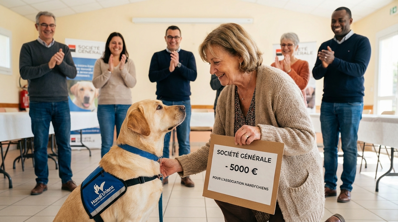 Un Golden Retriever portant un harnais d'assistance regarde avec tendresse une femme souriante lors d'une remise de chèque.