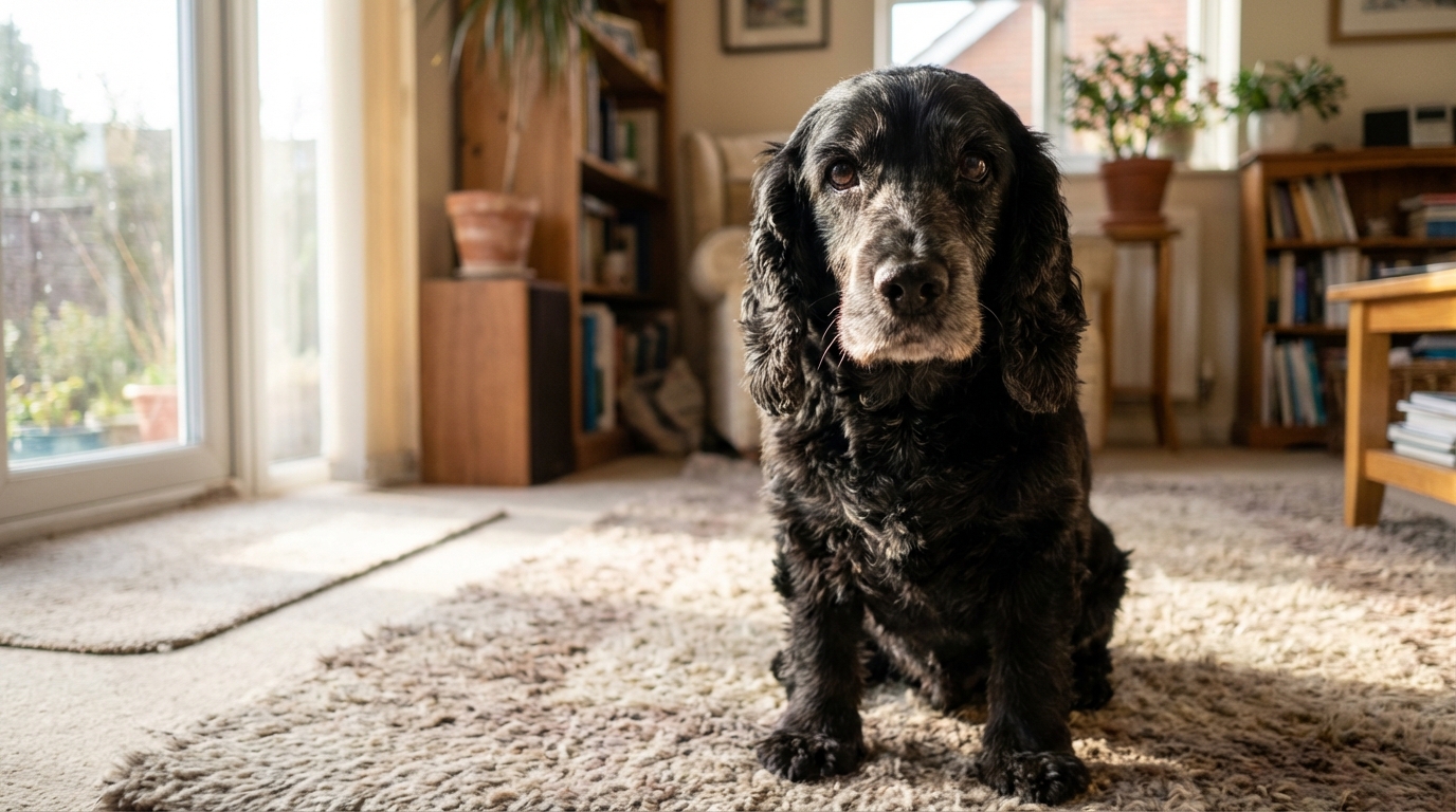 Eden, un cocker spaniel noir au regard doux, couché sur un tapis dans sa nouvelle maison après avoir été sauvé.