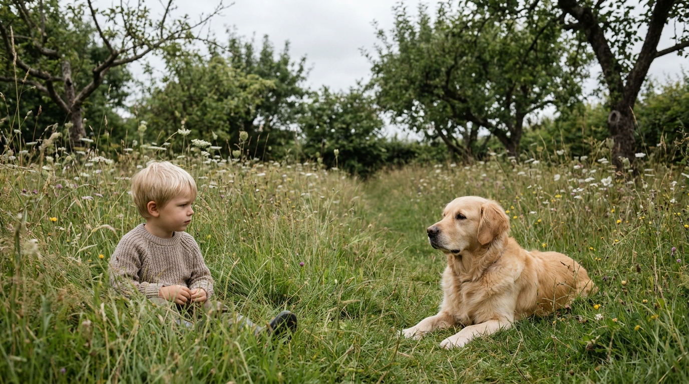 Un jeune enfant assis dans l'herbe observe prudemment un chien de type Golden Retriever, illustrant la nécessaire vigilance.
