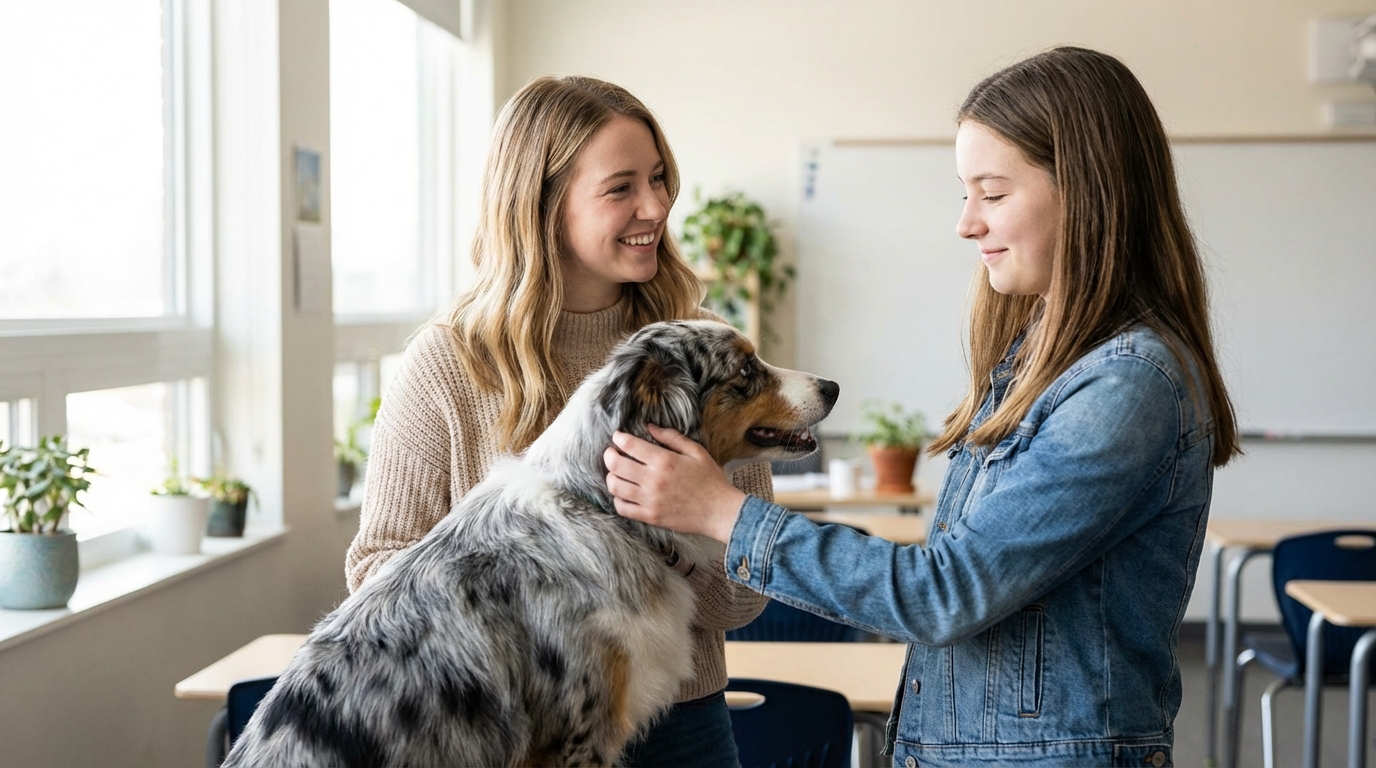 Une enseignante souriante dans sa salle de classe avec un de ses bergers australiens assis sagement près d'un élève.