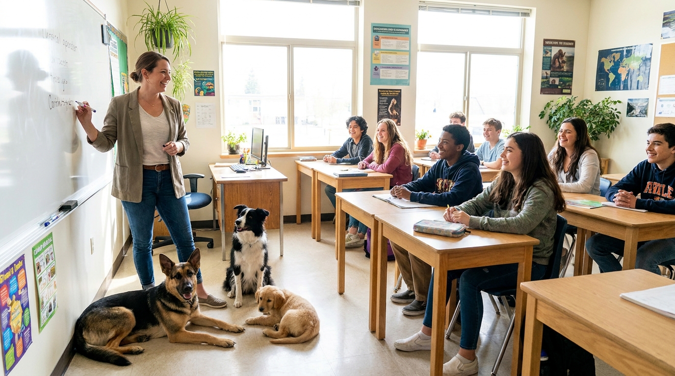 Une enseignante sourit entourée de ses trois chiens au milieu d'élèves attentifs dans une salle de classe lumineuse.