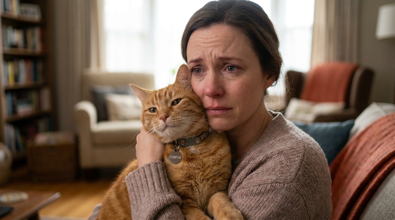 Une femme serre tendrement dans ses bras un chat roux, le regard inquiet, symbolisant une bataille judiciaire pour sa garde.