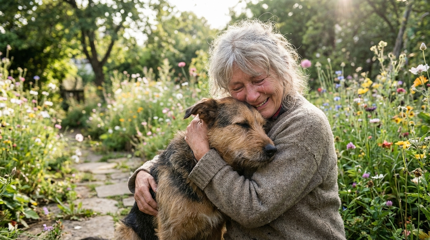 Une femme de 60 ans souriante serre tendrement son chien dans ses bras, symbolisant une seconde chance et des retrouvailles émouvantes.