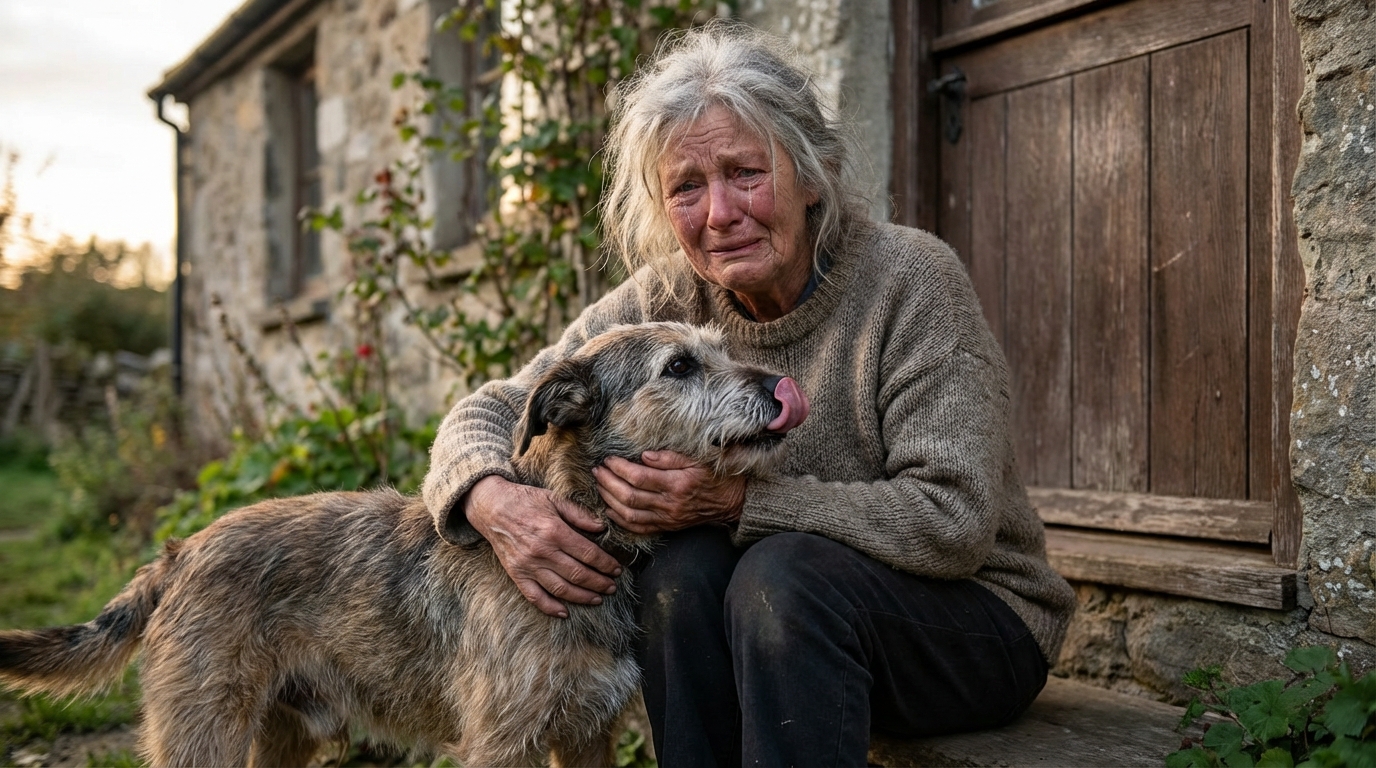 Une femme d'une soixantaine d'années, émue, serre tendrement son chien dans ses bras, symbolisant leurs retrouvailles et une seconde chance.