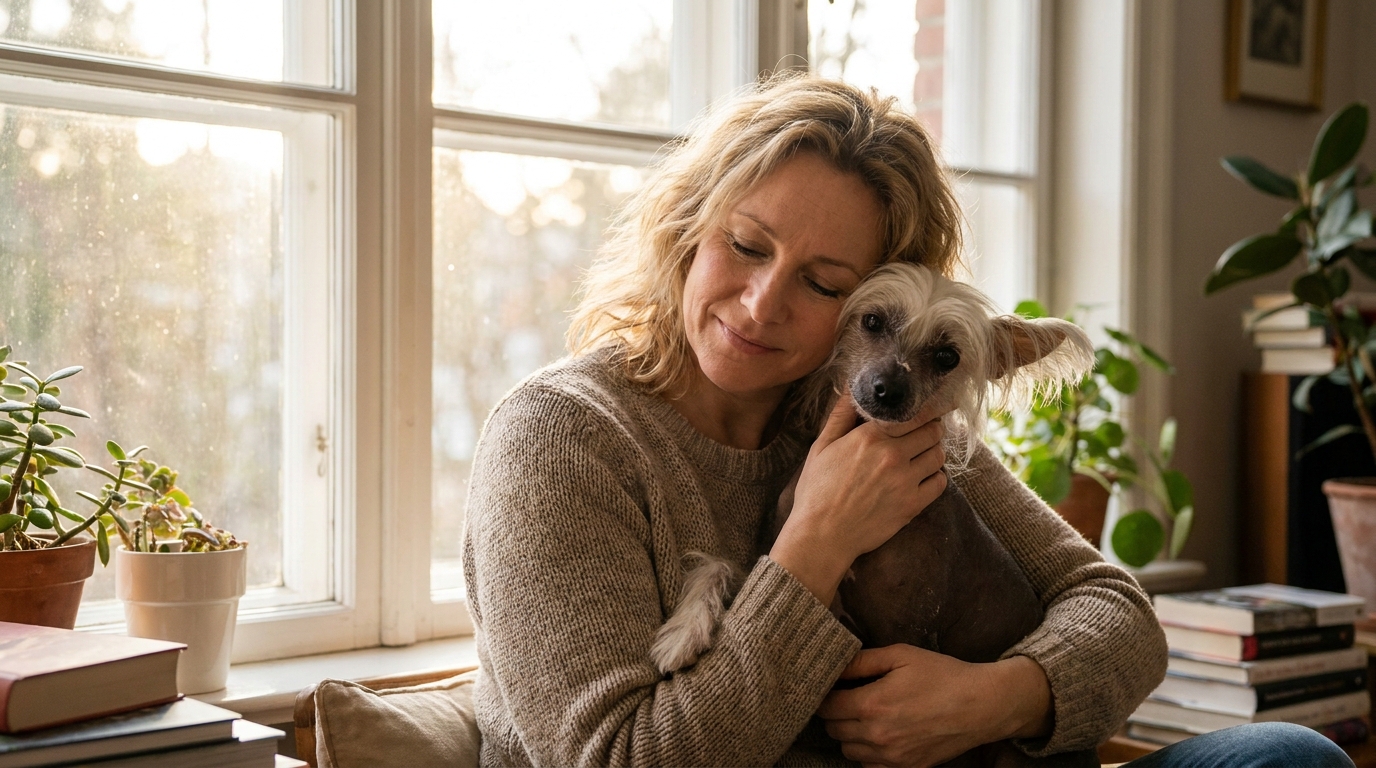 Une femme blonde sourit tendrement en tenant dans ses bras son petit chien, un chinois à crête, symbole de leur lien fusionnel et de leur amour.