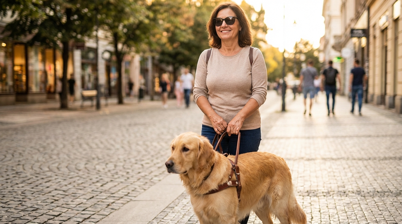 Une femme non-voyante, souriante, marche dans une rue ensoleillée, guidée par son golden retriever qui porte un harnais de chien-guide.