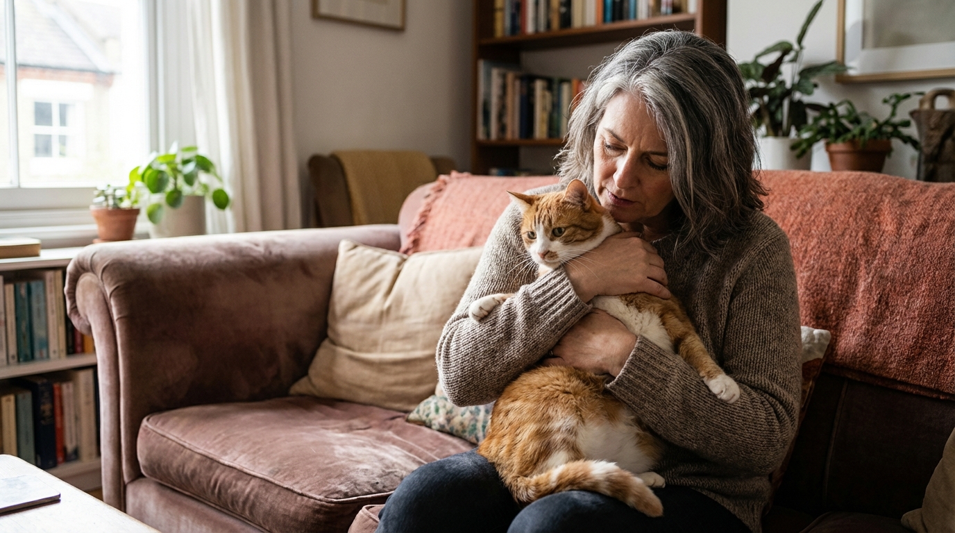 Une femme regarde avec émotion un chat tigré blotti dans ses bras, symbolisant le lien affectif au cœur d'un conflit.