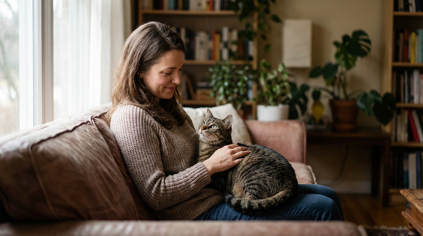 Une femme réconforte un chat tigré assis sur un canapé, illustrant le lien affectif au cœur d'un litige pour sa garde.