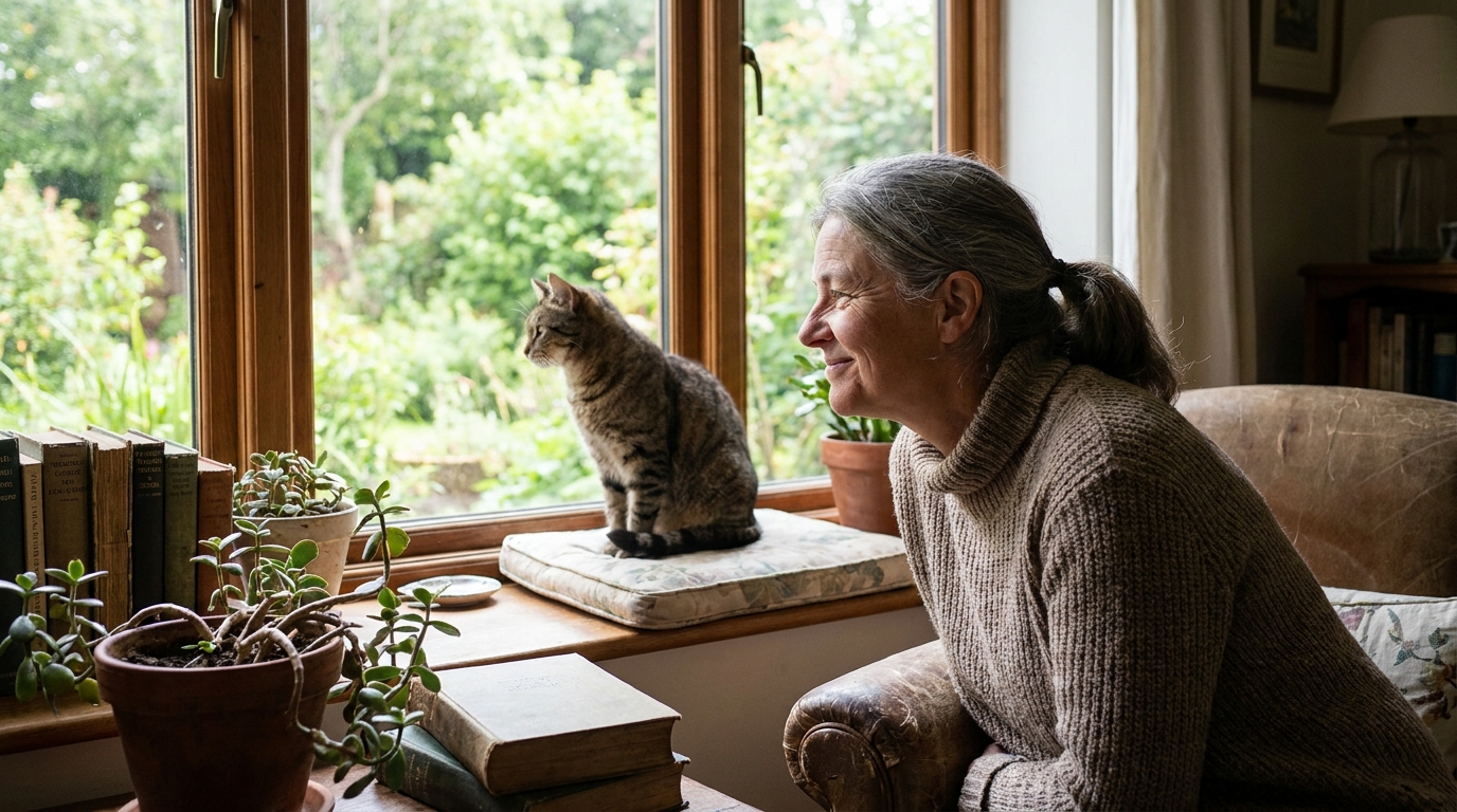 Une femme regarde avec tendresse son chat tigré assis sur un rebord de fenêtre, symbolisant l'amour malgré un conflit de voisinage.