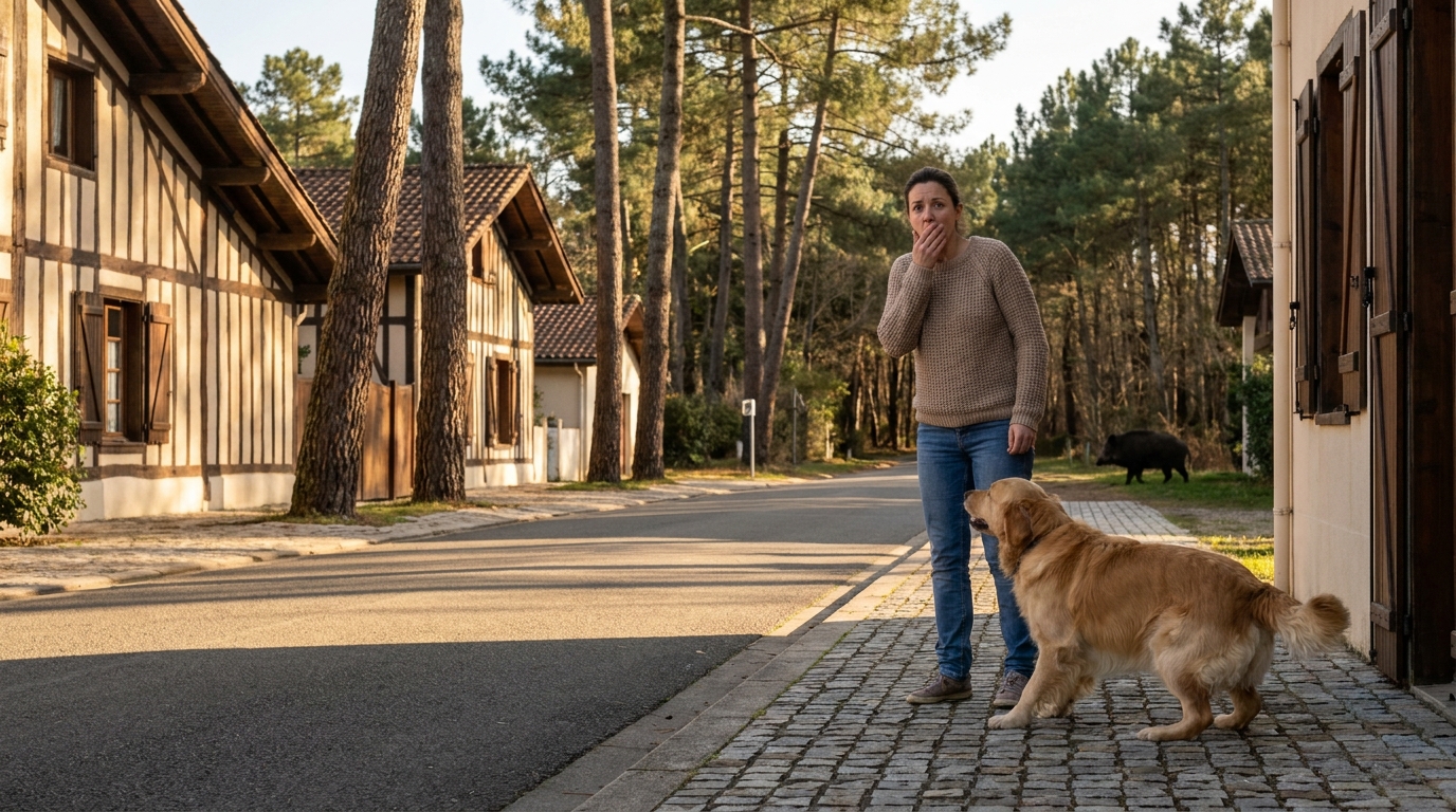 Une femme et son chien en promenade dans un village landais sont surpris par un sanglier menaçant qui sort d'un bosquet.