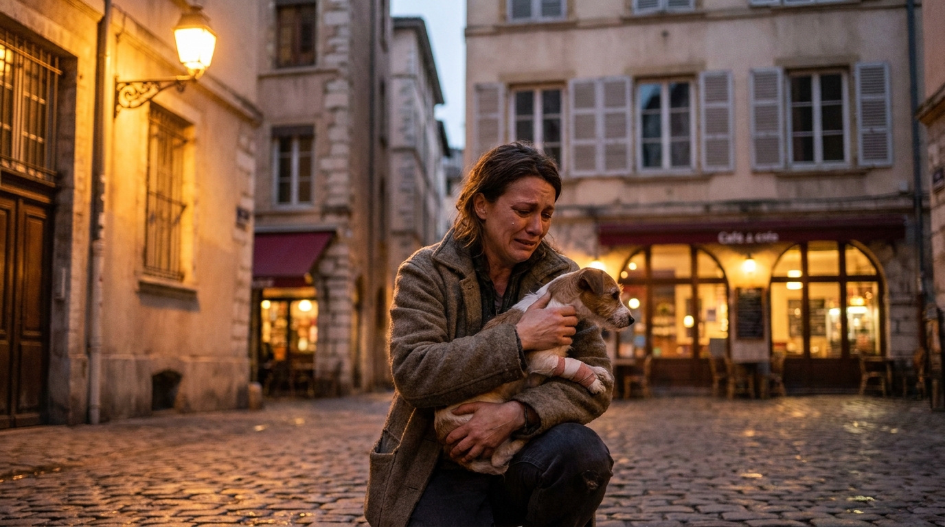 Une femme en détresse réconforte son chien blessé sur un trottoir lyonnais après une agression, la scène est éclairée par les lumières de la ville.