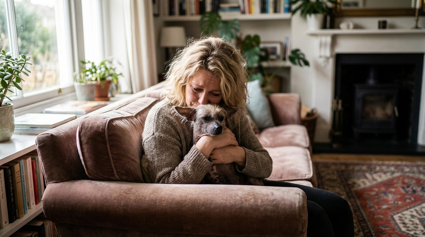 Une femme assise sur un canapé tenant tendrement dans ses bras son petit chien chinois à crête, symbole d'un amour inconditionnel.