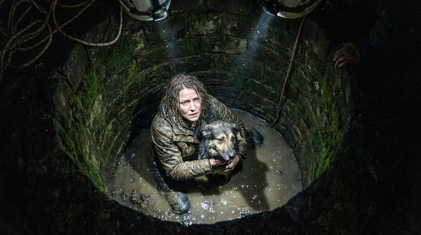 Une femme courageuse serre son chien dans ses bras au fond d'un puits sombre, la lumière d'une torche éclairant la scène de sauvetage.