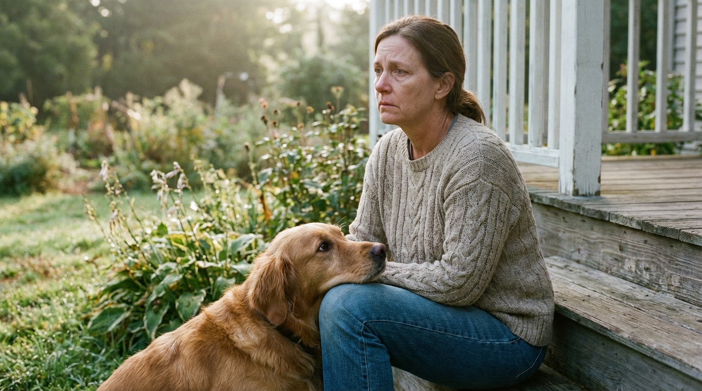 Une femme assise sur les marches de son porche, le visage triste, caressant doucement son chien qui pose sa tête sur ses genoux en signe de réconfort.