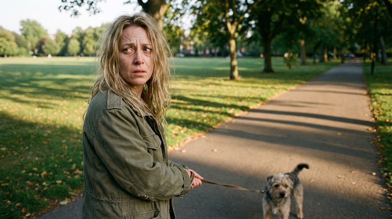 Une femme au visage soucieux tient fermement la laisse de son chien, regardant avec appréhension autour d'elle dans un parc.
