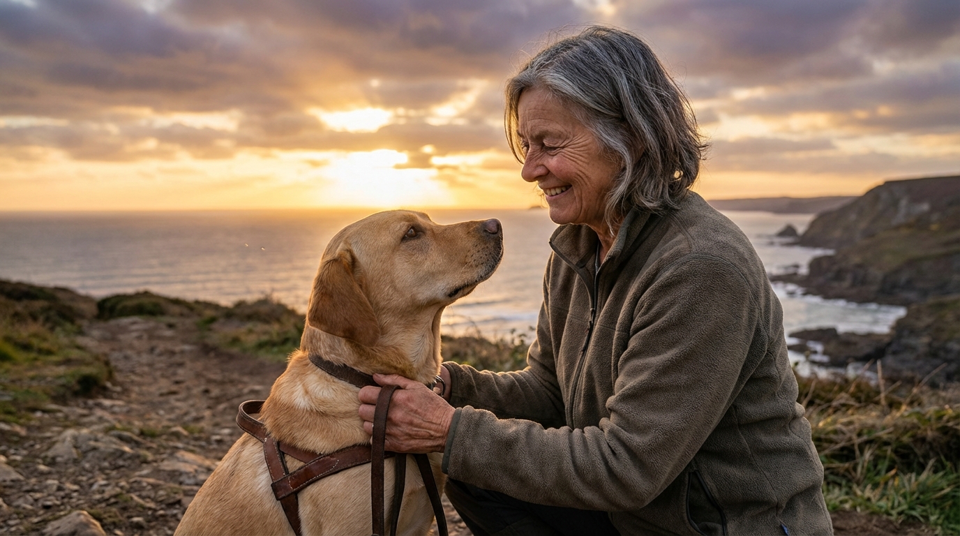 Une femme malvoyante sourit en tenant la poignée de son chien guide, un labrador blond, qui la regarde avec confiance sur une plage.