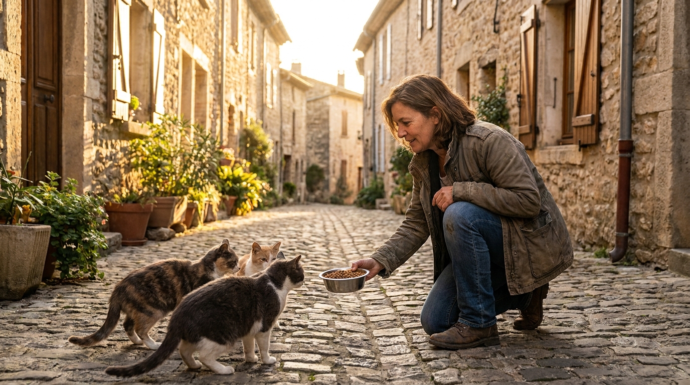 Une femme bienveillante nourrit un groupe de chats errants dans une ruelle d'une petite ville française, un geste d'espoir pour ces animaux.