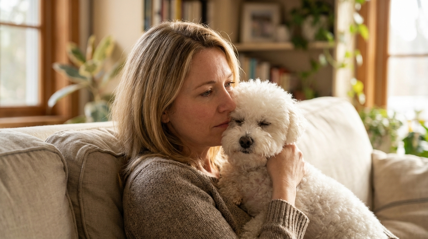 Une femme blonde assise sur un canapé, serrant tendrement dans ses bras son petit chien blanc, le regard rempli d'amour.