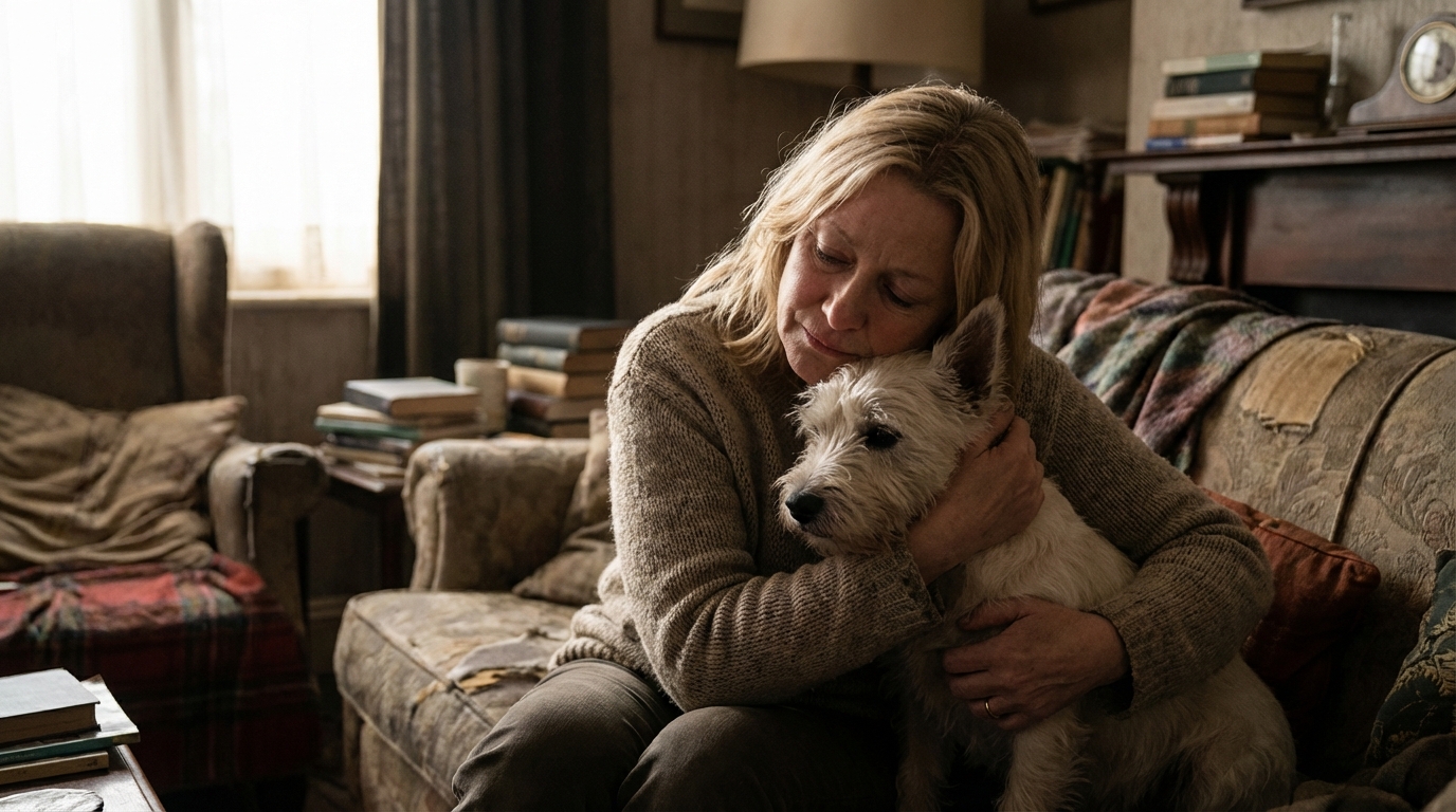 Une femme blonde, assise sur un canapé, regarde avec un amour infini son petit chien blanc qui est blotti contre elle.