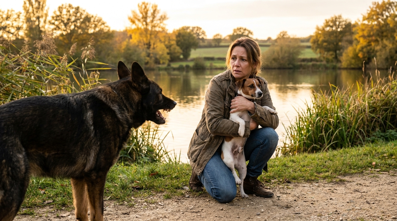 Une femme protège courageusement son petit chien d'un autre chien plus grand et menaçant près d'un étang en France.