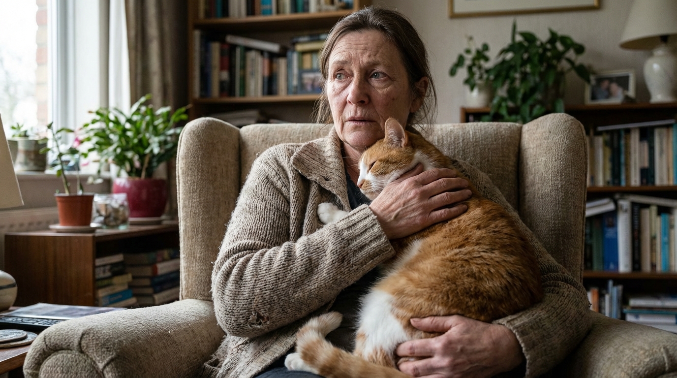 Une femme au regard bienveillant mais inquiet câline tendrement son chat roux et blanc, qui se blottit contre elle en toute confiance.