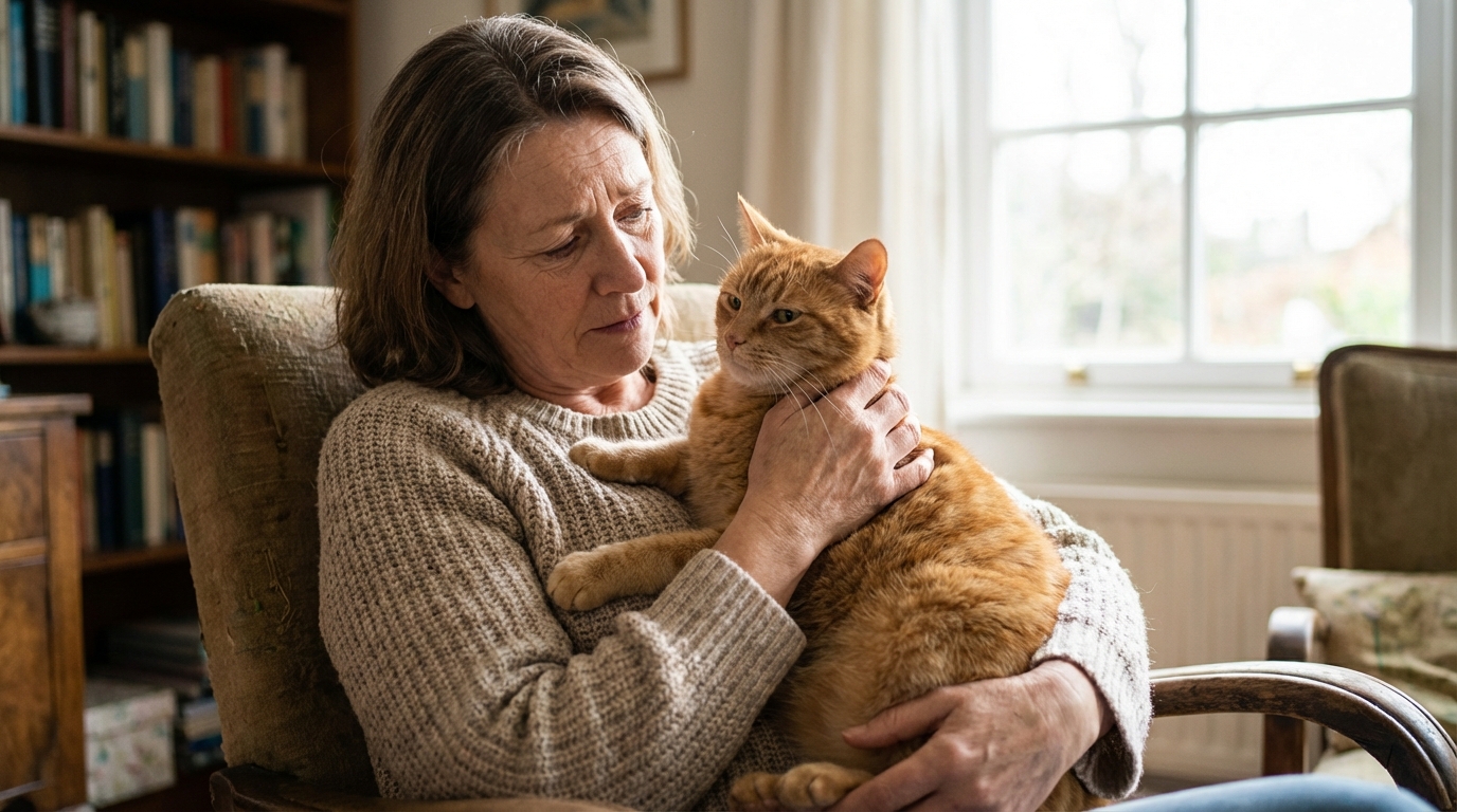 Une femme au regard bienveillant tient tendrement dans ses bras un chat tigré qui semble apaisé et en sécurité.