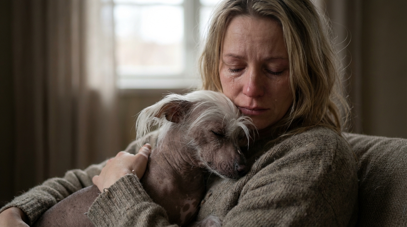 Une femme blonde, le regard triste, serre tendrement dans ses bras son petit chien chinois à crête qui se blottit contre elle.