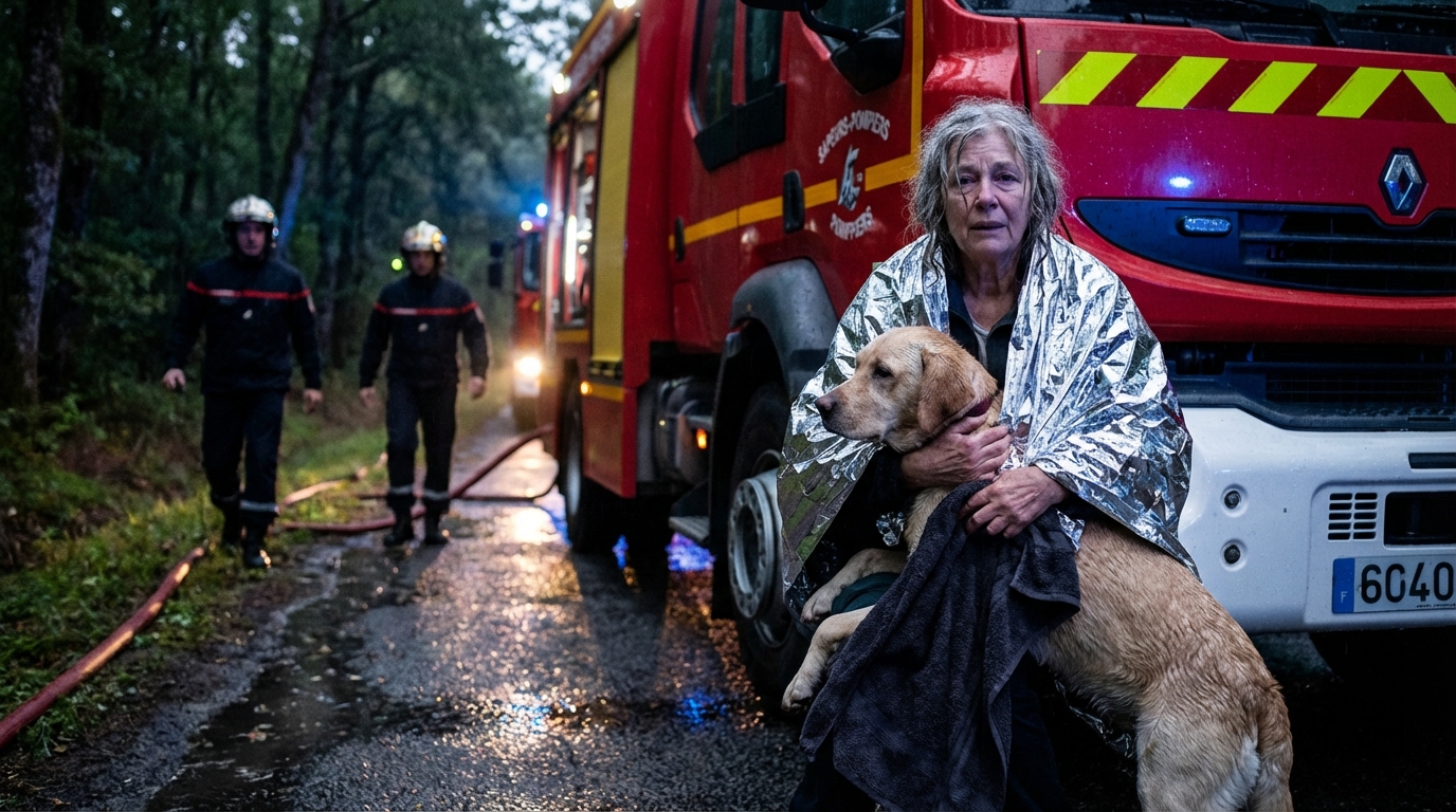 Une femme au regard ému serre dans ses bras son chien enveloppé dans une couverture, après avoir été sauvés d'un puits par les pompiers.
