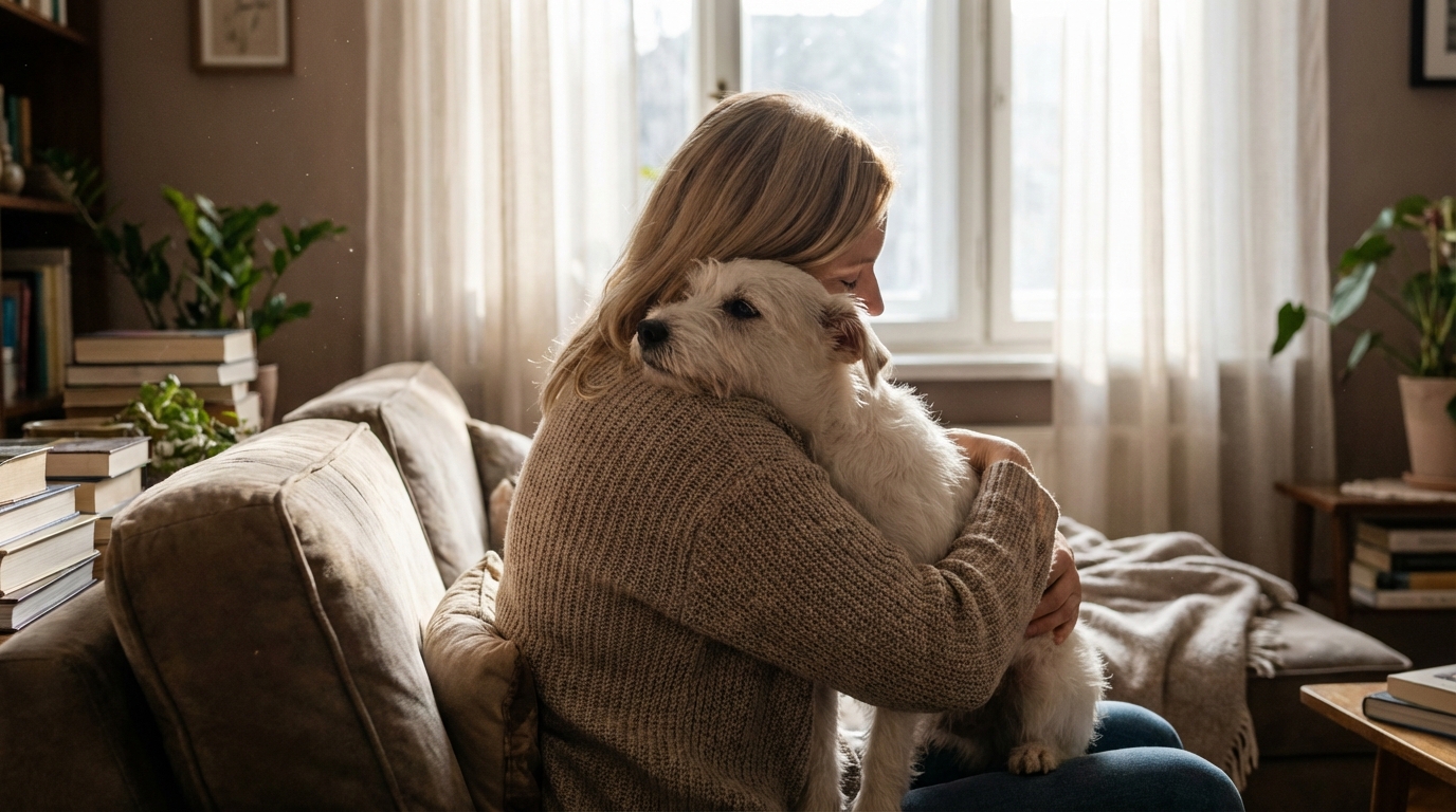 Une femme blonde enlace tendrement son petit chien de type terrier, assise sur un canapé, illustrant un lien d'amour et de protection.