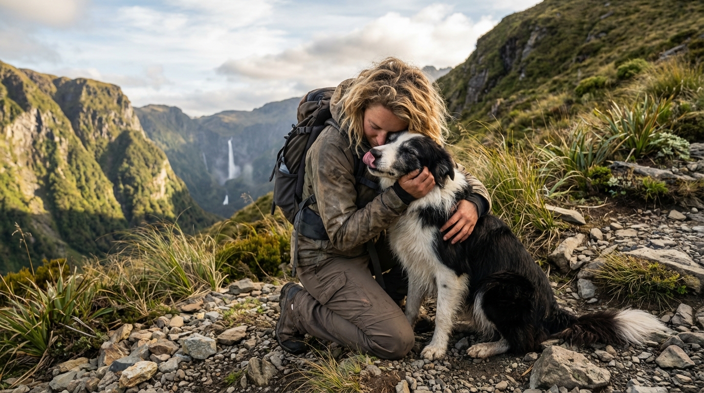 Une jeune femme, émue, serre dans ses bras son chien border collie dans un paysage de montagne escarpé, symbolisant des retrouvailles miraculeuses.