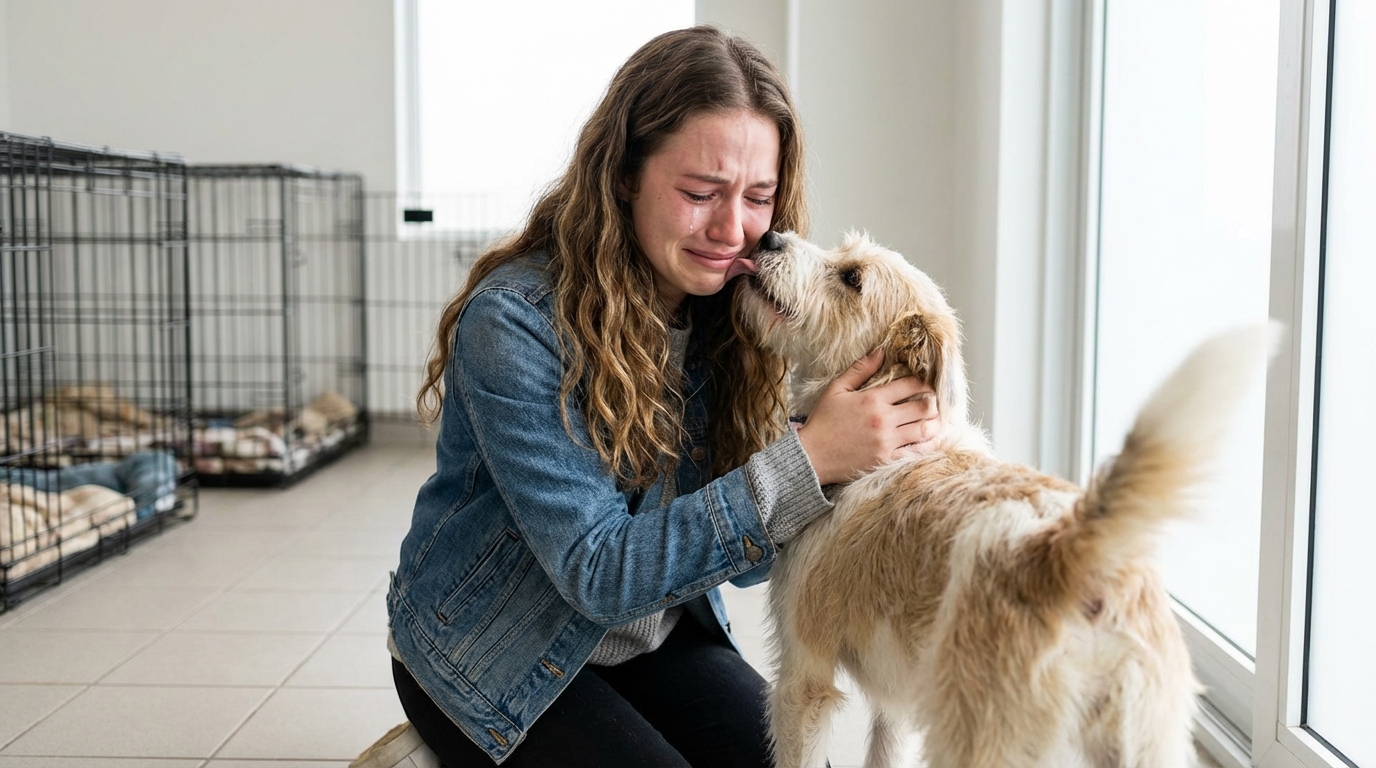 Une jeune femme, les larmes aux yeux, serre fort son chien dans ses bras lors de leurs retrouvailles émouvantes dans un refuge pour animaux.