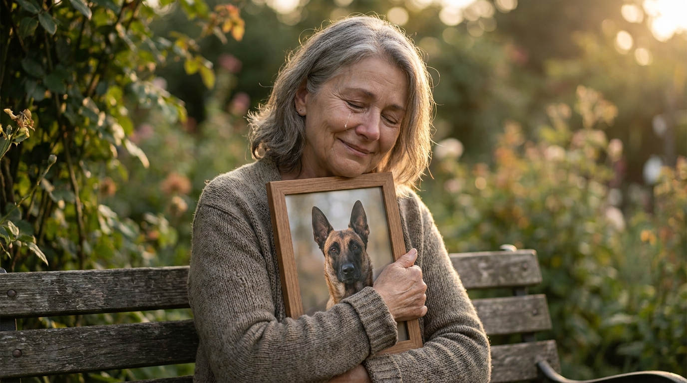 Une femme d'une soixantaine d'années, le visage marqué par l'émotion, serre contre elle un portrait de son chien de type berger malinois.