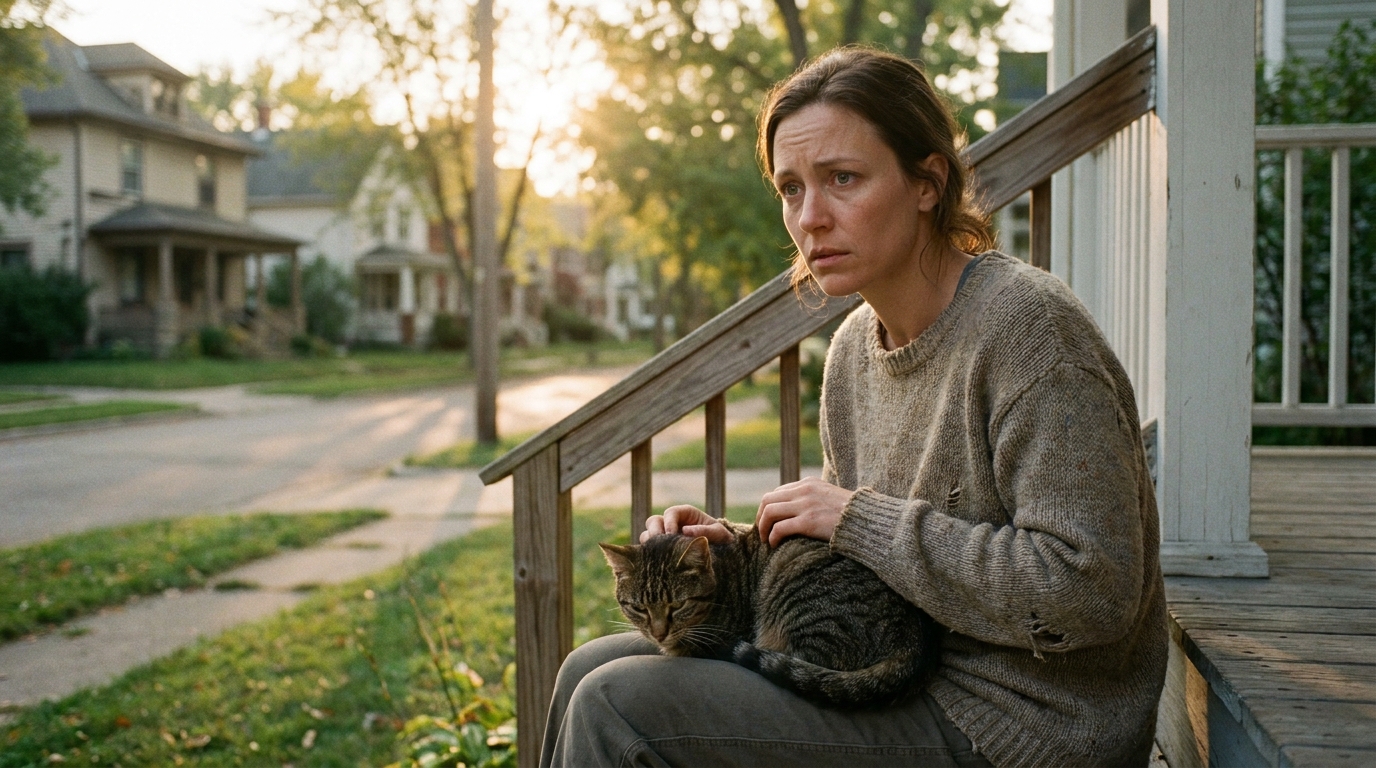 Une femme assise sur un banc de tribunal, l'air anxieux et triste, pensant au chat qu'elle a voulu sauver.