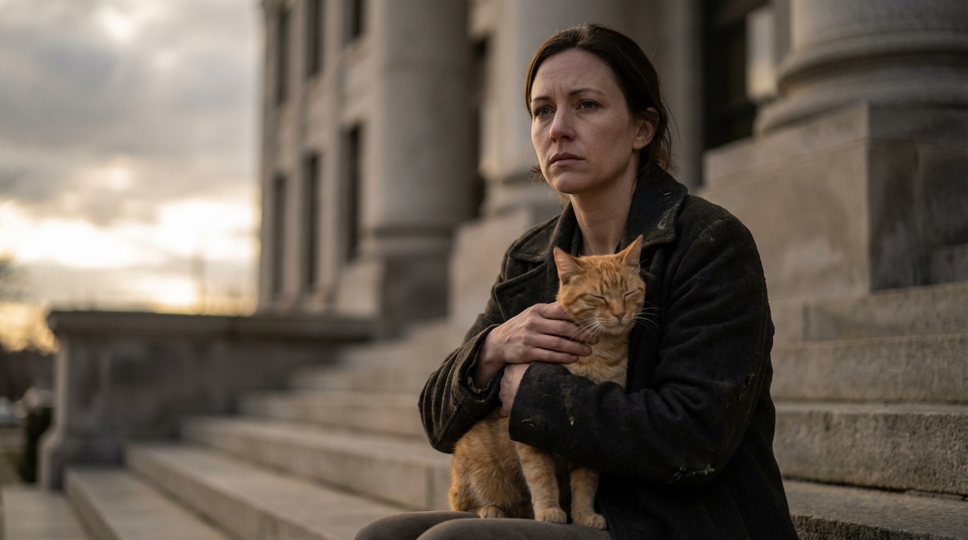 Une femme au regard inquiet et triste serre tendrement un chat dans ses bras devant les marches d'un palais de justice.