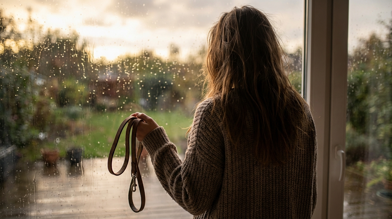 Une jeune femme, le visage empreint de tristesse, regarde par la fenêtre, tenant dans sa main la laisse vide de son chien disparu.