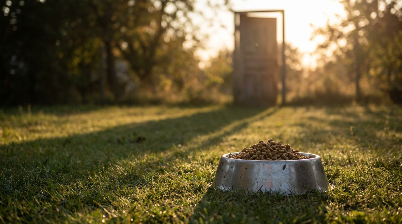 Une gamelle pour chien posée dans un jardin, illustrant le drame d'un homme tué par ses propres animaux à Tanger.