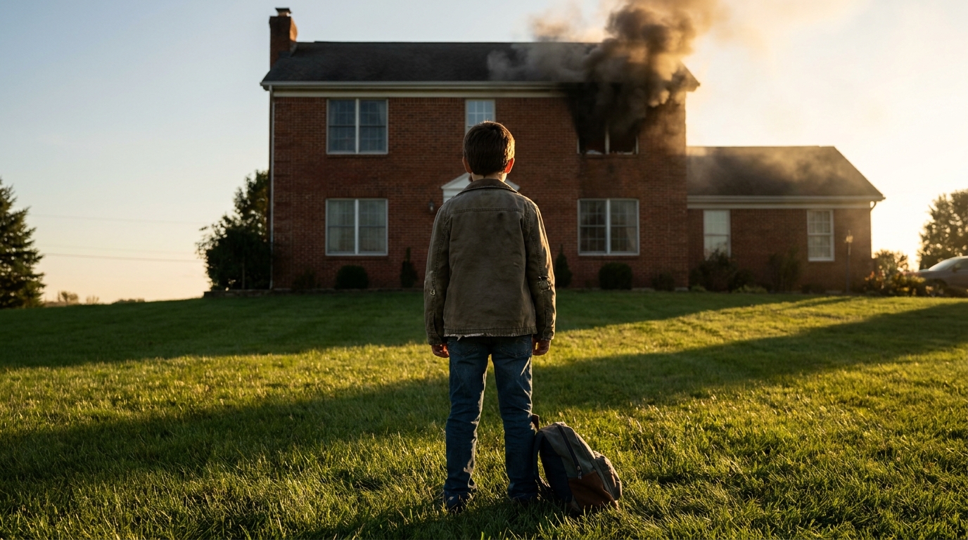 Un jeune garçon serre son chien dans ses bras devant une maison d'où s'échappe de la fumée, symbolisant le courage et l'amour familial.