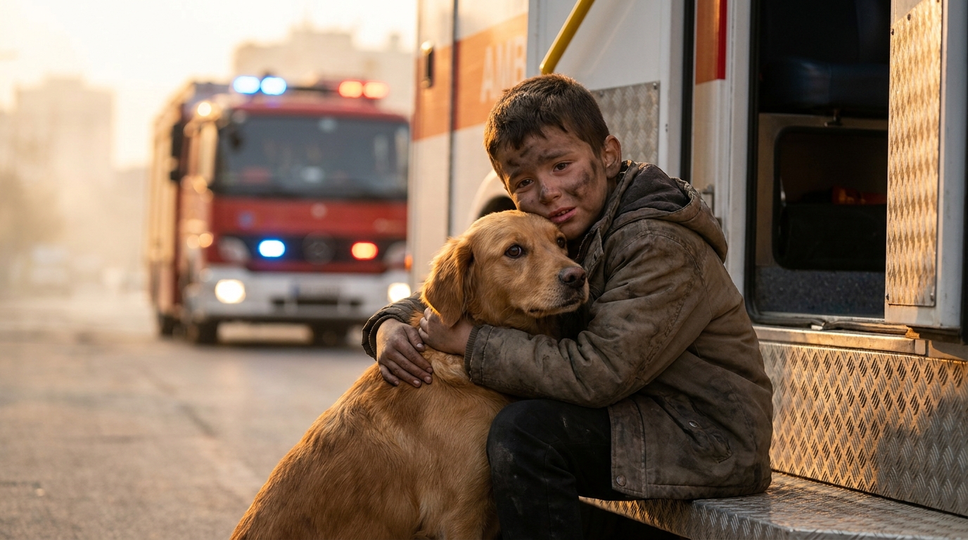 Un jeune garçon serre son chien dans ses bras, avec en arrière-plan flou un camion de pompiers, illustrant son courage face au danger.