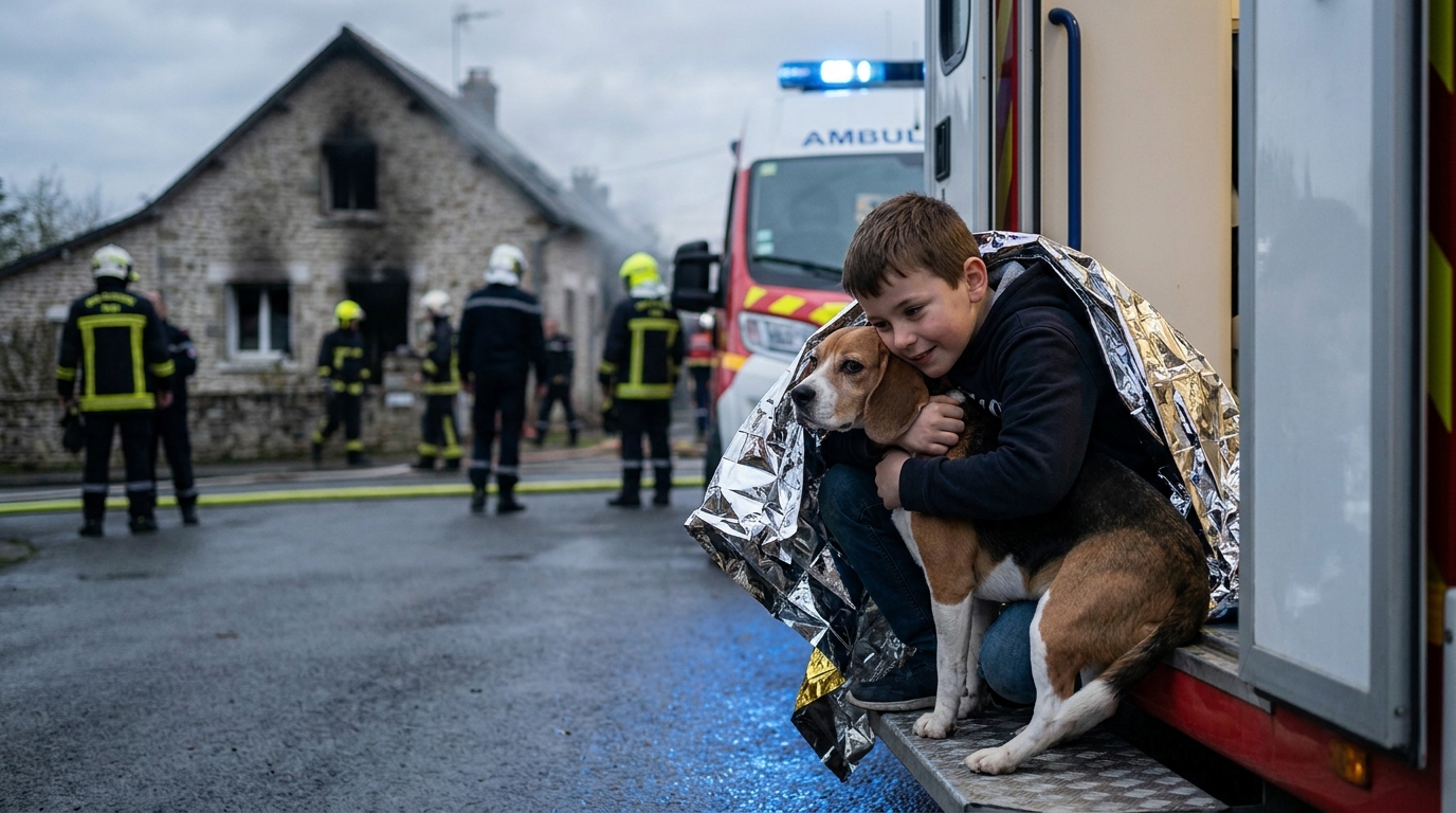 Un jeune garçon de 9 ans, l'air soulagé, enlace tendrement son chien de famille, tous deux en sécurité après avoir échappé à un incendie.