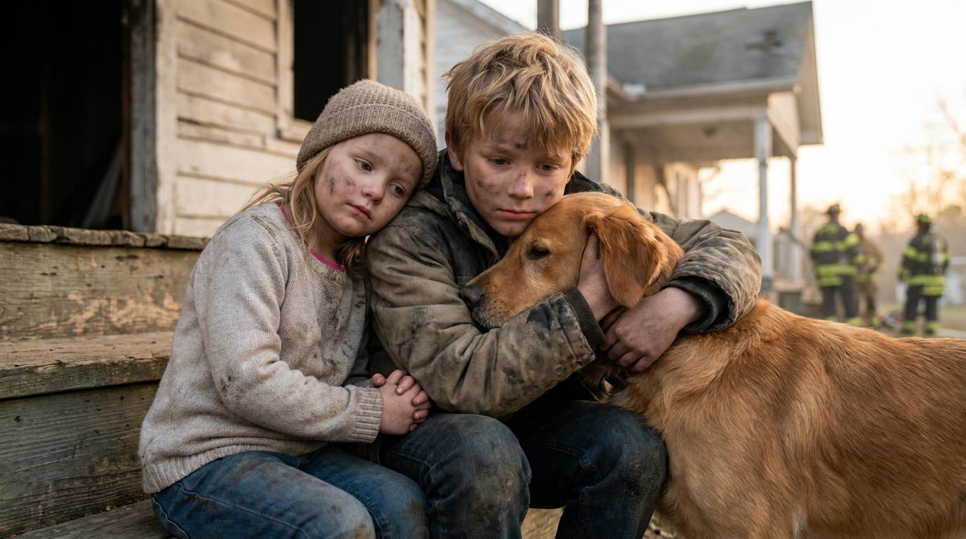 Un jeune garçon courageux tient son chien dans ses bras, l'air soulagé, avec une lueur de détermination dans les yeux après un incendie.