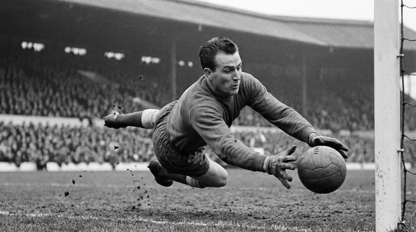 Un gardien de but en noir et blanc plongeant de manière spectaculaire pour arrêter un ballon, rappelant l'agilité d'un chat.