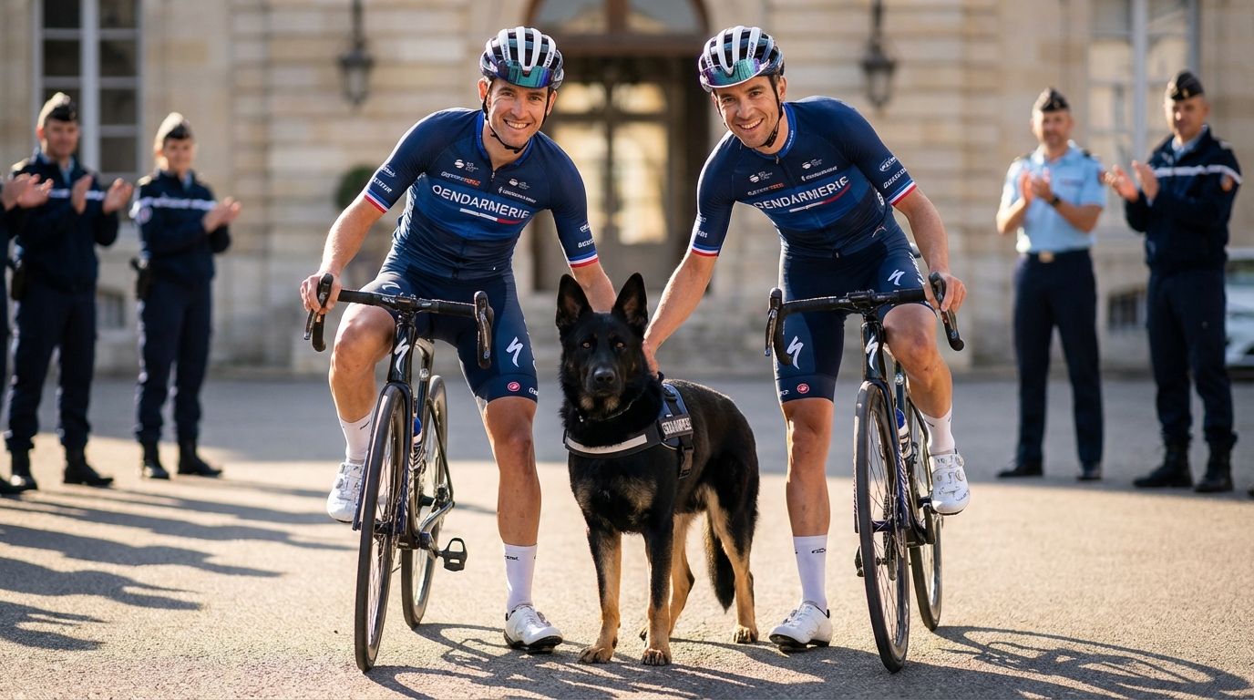 Deux gendarmes en tenue de cycliste posent fièrement à côté de leurs vélos et d'un chien de la gendarmerie après leur périple de 600 km.