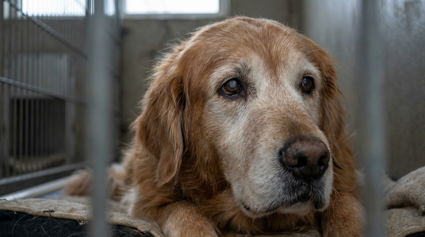 Un vieux Golden Retriever au regard triste et doux, couché dans un chenil de refuge, espérant une nouvelle famille.