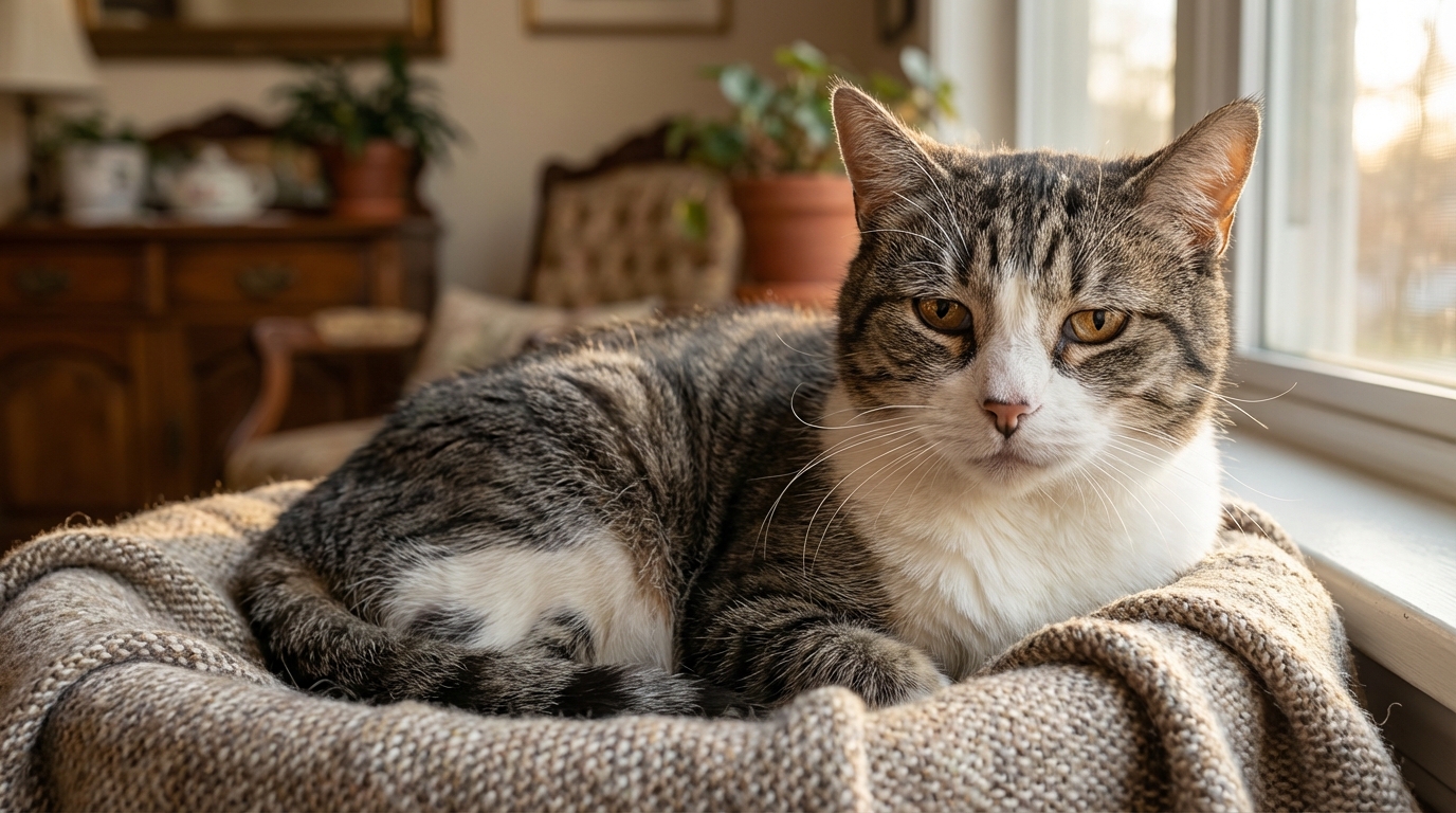 Un chat tigré et blanc âgé, couché sur une couverture douce, avec un regard triste mais résilient, symbolisant la cruauté animale.