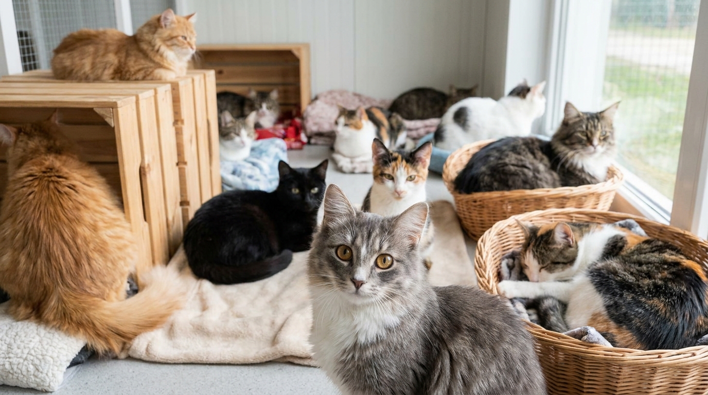 Plusieurs chats de races et couleurs différentes, blottis les uns contre les autres dans un refuge, regardant avec espoir.