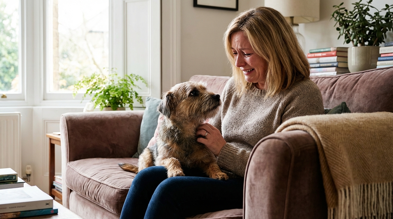 Une femme regardant son chien avec une immense gratitude, symbolisant le lien qui l'a sauvée d'un terrible danger.