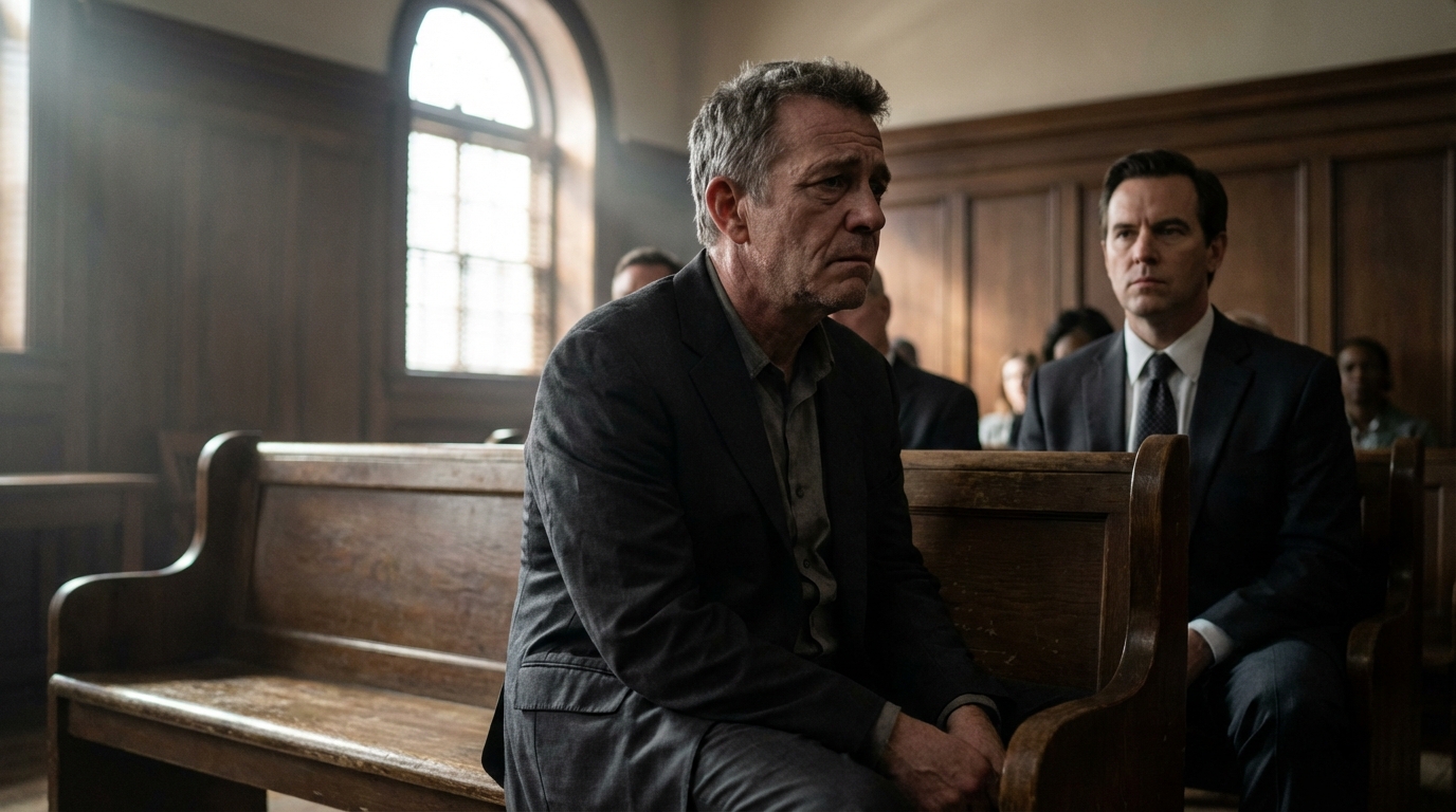 Un homme au visage grave, assis sur un banc de tribunal à côté de son avocat, écoutant attentivement pendant un procès.