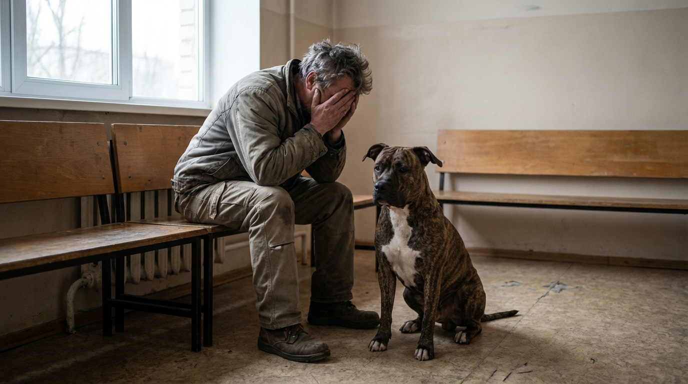 Un homme en plein désarroi, la tête dans les mains, avec son chien de type pitbull assis calmement à côté de lui sur un banc.
