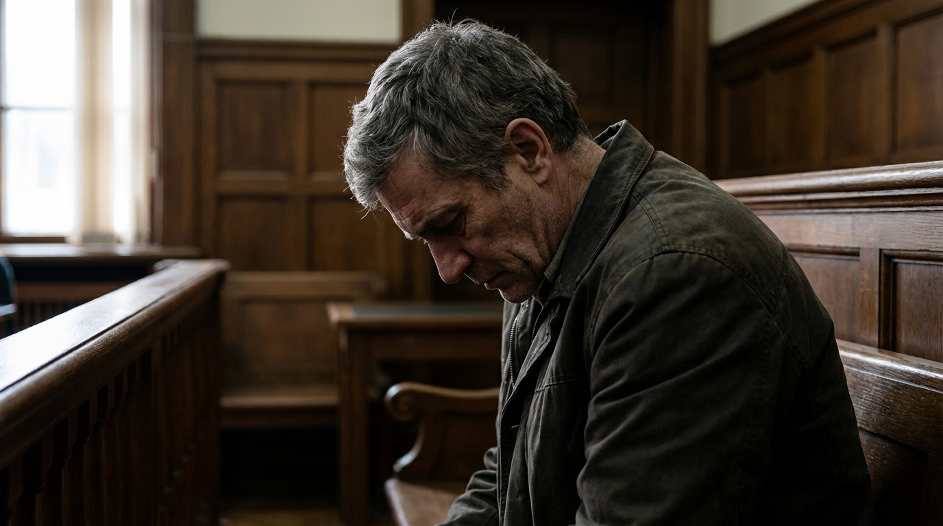 Un homme d'une cinquantaine d'années, visiblement ému et fatigué, assis dans une salle d'audience sombre, illustrant le poids d'un aveu.